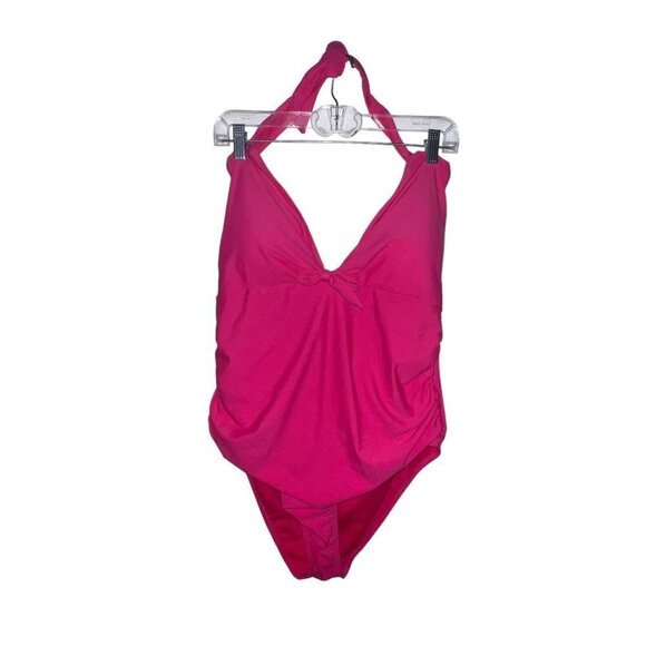 Catherine Malandrino Size XL Halter One piece Swimsuit NWT NEW Hot‎ Pink Bow - Picture 1 of 10